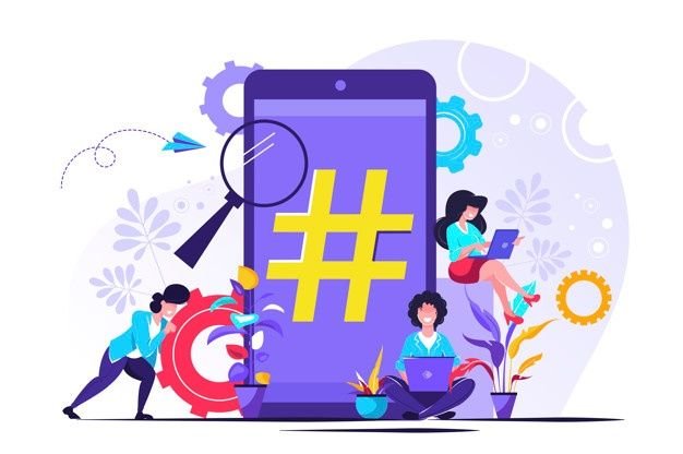 телефон с хэштегом люди и социальные сети Премиум вектор