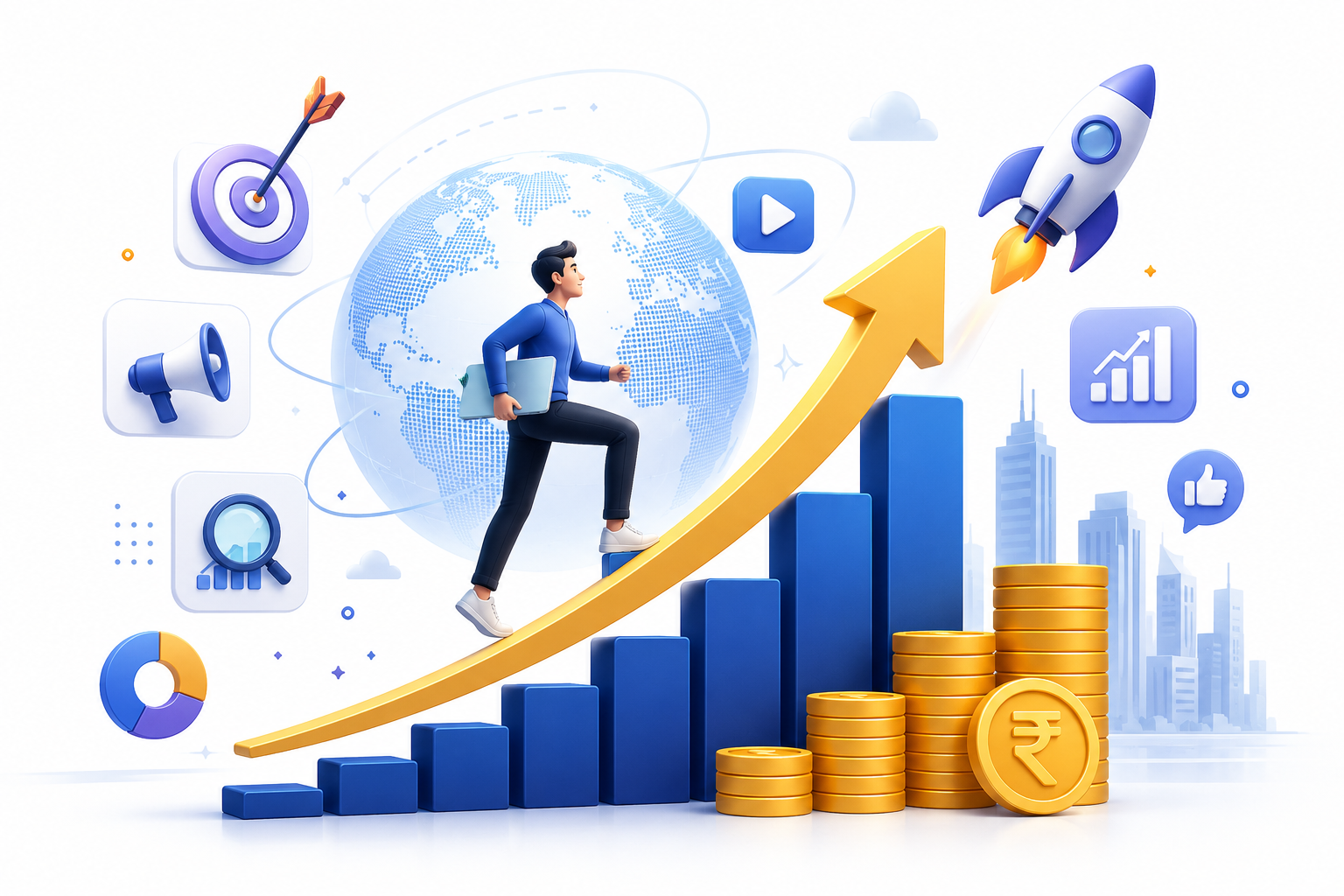 Visual representing the future scope of digital marketing salaries with a rising graph, digital marketer, coins, rocket, analytics, and global digital marketing growth.