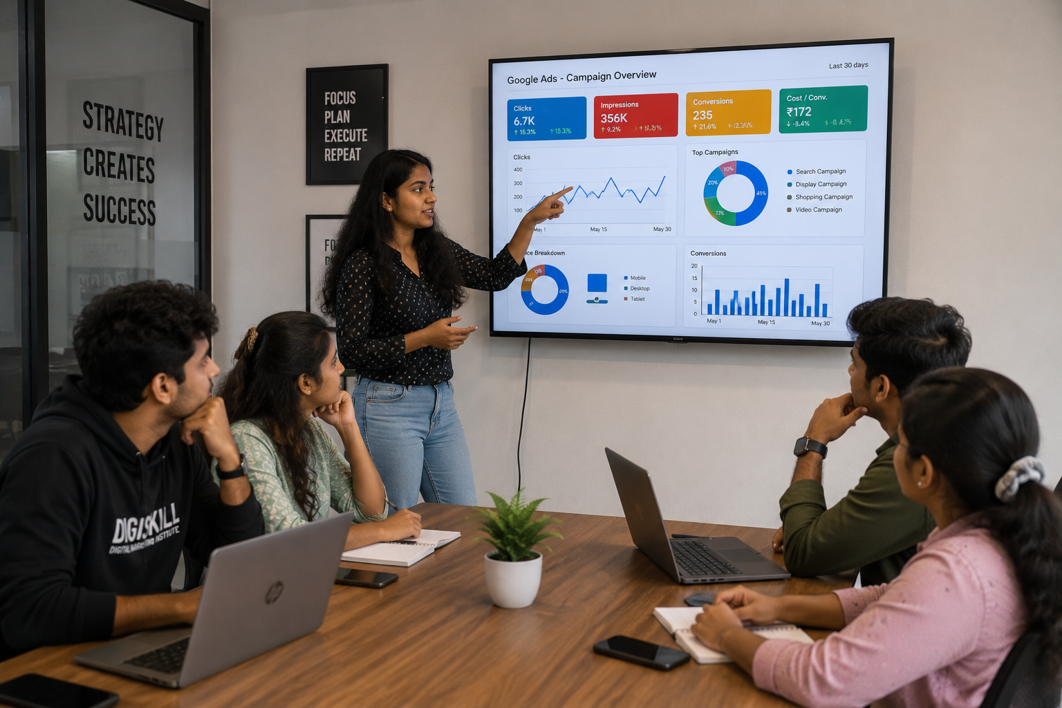 Students learning Google Ads in a Digital marketing course in Kannur with campaign performance data displayed on screen.