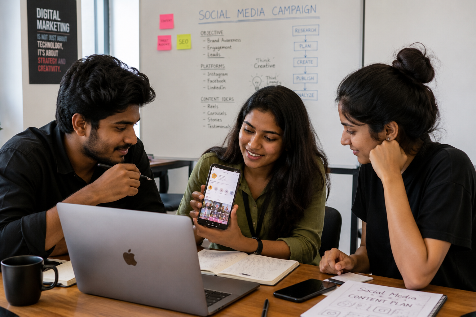 Students planning a social media campaign together