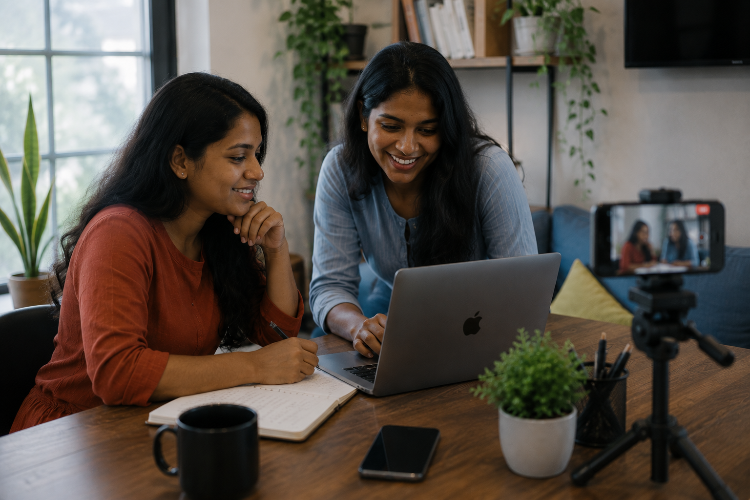 Two women collaborating on digital marketing work with a laptop and smartphone camera during a digital marketing course in Kochi.